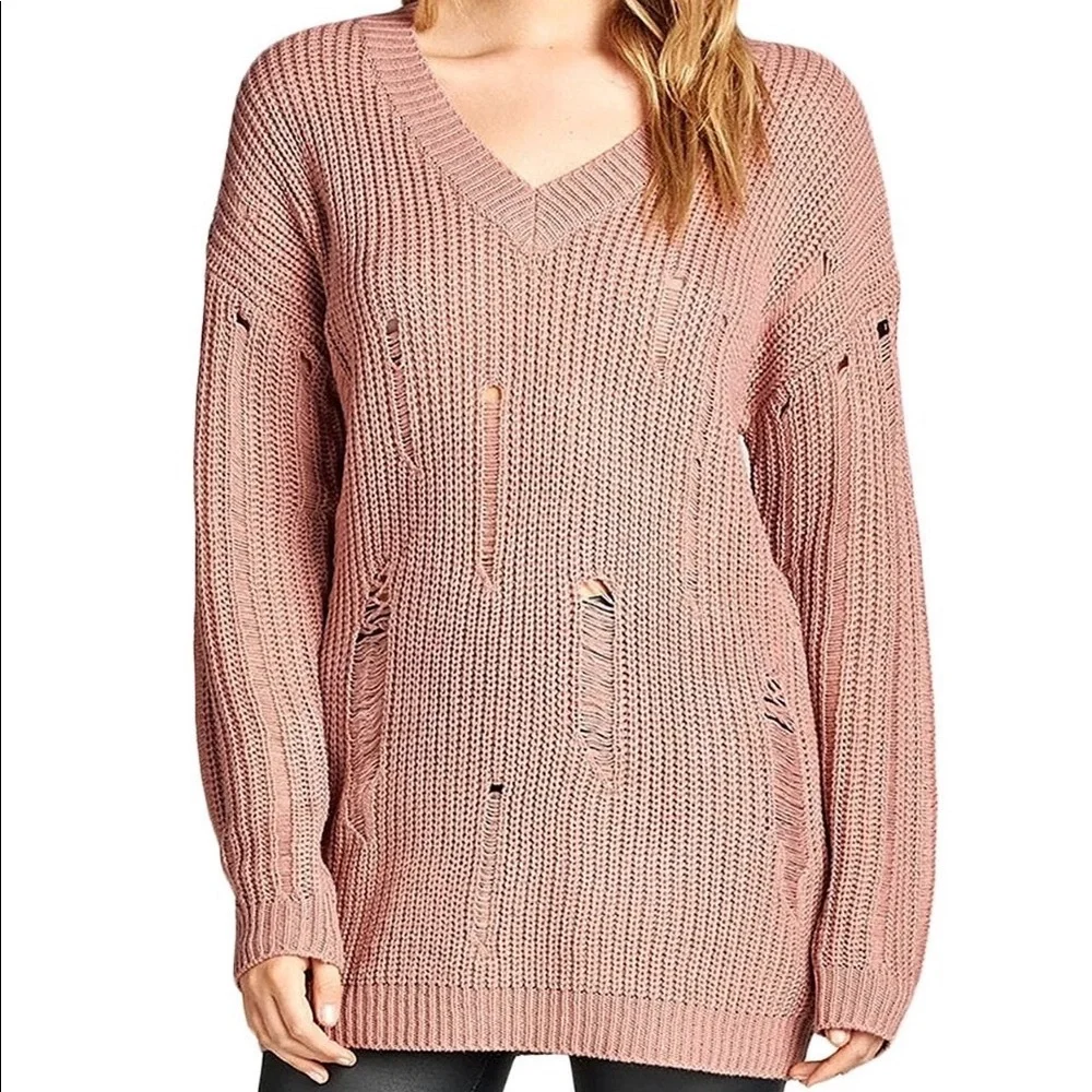 NWOT Distressed Dropped Long Sleeve Sweater in Mauve
